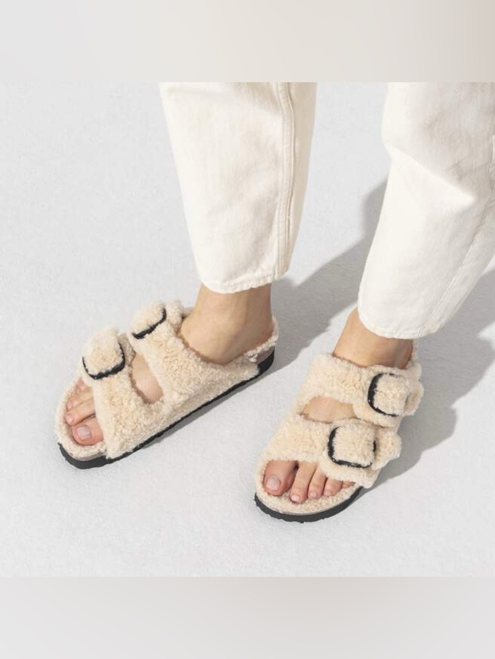 Birkenstock Arizona Big Buckle Shearling Sandal in Teddy Eggshell